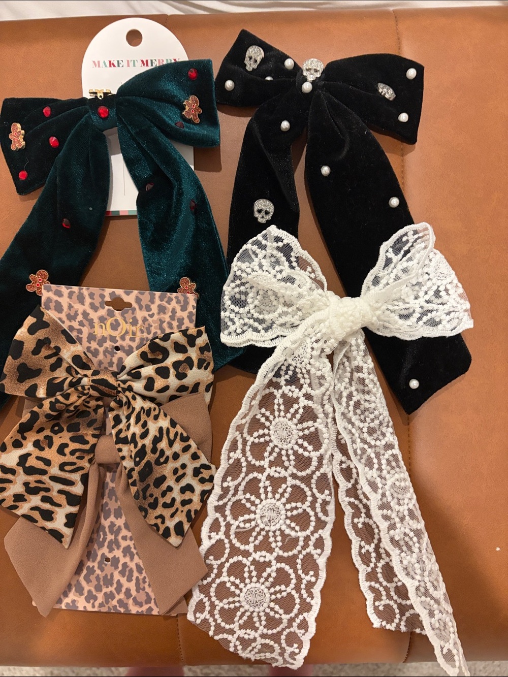 Velvet, Leopard & Lace Hair Bow Set - Green, Brown, White, Black